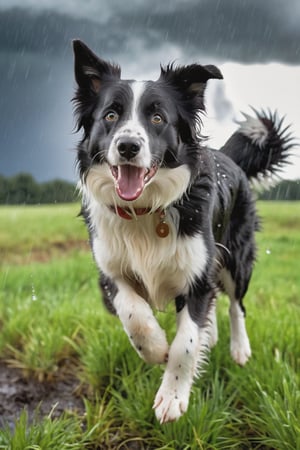 RAW photo, masterpiece, a lively scene of a Border Collie (merle) eunning, rain, excited and alert expression, standing on a patch of grass, ready to engage in a playful activity.  sky darkening with storm clouds and a few raindrops starting to fall, creating a sense of anticipation and excitement in the air. a natural outdoor setting, with trees swaying in the wind and the scent of rain filling the air, enthusiasm and readiness to play, highly detailed, best quality, high quality, cinematic lights, (insane detailed beautiful eyes and detailed face), (hyper realistic), photorealistic, 12k, insane details, (brilliant composition),more detail XL