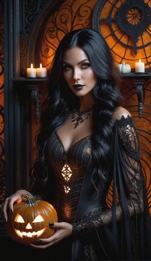 A mysterious sorceress, with raven tresses framing her enigmatic features, grasps a bewitching pumpkin adorned with glowing eyes and mouth in shimmering bronze-monochrome glitter. Against the eerie backdrop of a dimly lit, cobweb-adorned room, dramatic shadows dance across her porcelain skin. Her expressive eyes gleam like lanterns in the darkness, as she poses amidst the atmosphere of foreboding, with every detail meticulously rendered in 12k resolution.