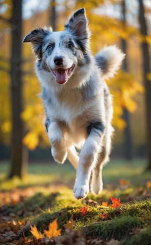 Against a backdrop of mystique, a blue-merle border collie defies gravity, its unbridled joy radiating as it soars through the autumn forest's radiant canopy. The frame is awash with golden hues, redish leafs, and amber tones, as if reality itself has been infused with an otherworldly essence. Depth of field blurs the sun-kissed forest floor, while the puppy's mid-air acrobatics draws focus to its dynamic pose. Shot from a low angle, looking up at the canine's exuberance, cinematic composition evokes wonder and magic under dusk's muted highlights. dark shadows and vigniette.