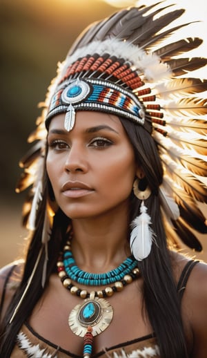 1girl, solo, long hair, black hair, hair ornament, brown eyes, jewelry, upper body, dark skin, necklace, blurry, dark-skinned female, lips, blurry background, headband, feathers, realistic, headdress, feather hair ornament, tribal, native american, colorfull war helmet, golden ratio, soft light, golden hour, insane details, brilliant composition, insane details, 12k