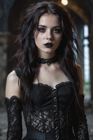 (upper body), gorgeous 18 years old brunette girl, looking away, (flat chested), sexy, (long dark messy hair), goth girl, (dark gothic makeup with dark lipstick), (piercings), gothic style, (freckles), (gothic lace clothes), gothic accesories, cinematic ultra realistic, dynamic pose, deep emotions, inside of a dark ruin, (dark gothic messy background),  dark shoot, deep of field, (finely detailed expresive eyes and detailed face), (high quality), (masterpiece), (hyperrealism), (exquisitely beautiful), insane details, 12K, brilliany composition, flat chested