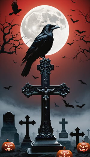 In a desolate, starless graveyard at midnight, a majestic black raven perches atop an intricately detailed gothic cross, its voluminous silhouette shrouded in mystery. The air is heavy with foreboding as the enormous bright-red moon rises behind the raven's form, perfectly framing it on the lunar surface like a dark, ethereal halo. Halloween pumpkins and decorations surround the scene, their vibrant colors starkly contrasted against the gothic cemetery backdrop. The black-ony-black color scheme accentuates the eerie atmosphere, while the raven's sleek feathers seem to absorb the faint moonlight, radiating an otherworldly presence.