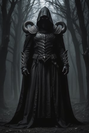 A lone reaper of night emerges from the depths of darkness, shrouded in an ominous cloak woven by slithering black serpents. His body is adorned with intricate, detailed black gothic armor that seems to absorb the faint light, while a hood conceals his face and eyes in an abyss of blackness. Deep shadows writhe around him like phantoms, punctuated by glowing runes and horns that seem to pierce the darkness. The atmosphere is heavy with foreboding, as if nuclear hazard signals a catastrophic event. In this low-key world, insane details converge to create a brilliant composition of dark majesty.