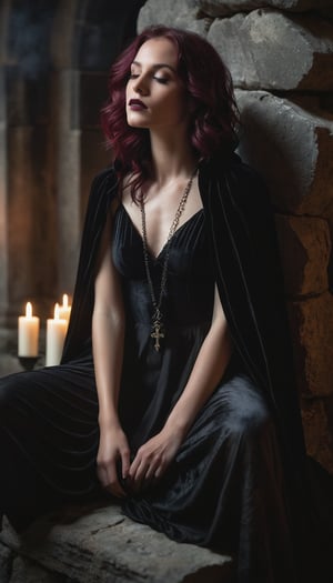 A young woman exudes enigmatic gothic charm in a low-key setting, bathed in moody light. Her plum-hued hair cascades in loose waves around her shoulders as she sits cross-legged on a crumbling stone, gazing downward with contemplative intensity. Wine-painted lips match the deep shadows cast by the cavernous backdrop. Shot from a low angle, her slender profile is highlighted against soft candlelight, while misty fog swirls at her feet, adding depth and mystery. A flowing black velvet cloak, partially hooded, casts half of her face in shadow, creating a hauntingly serene atmosphere with timeless gothic elegance.