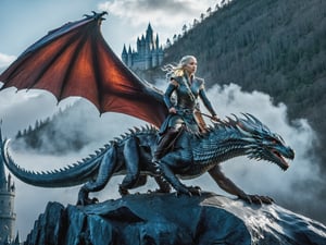 Daenerys Targaryen fly majestically on the back of her magnificent (huge ice-throwing dragon in flight), its scales glistening in the vibrant light. Her full-body pose exudes confidence as she gazes out upon a castle spanning a misty forest. The dark background serves as a dramatic canvas for her ultra-detailed face, finely chiseled features illuminated by cinematic lights that dance across her skin. Insane details on the dragon's scales and Daenerys' clothing shimmer in 12K HDR, while perfect composition and best illumination create an exquisitely beautiful masterpiece., volumetric, cinemascope
