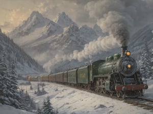 A majestic oil on canvas masterpiece depicting an early 19th century steam locomotive chugging along the snowy mountainside at dusk. Muted colors of muted greens and grays dominate the scene as the locomotive's smoke billows into the atmosphere, shrouding the majestic peaks in a mystical haze. Snow-covered trees and buildings dot the landscape, while the locomotive's wheels leave a trail of motion blur on the frozen terrain. Brilliant illumination casts long shadows, accentuating the train's dramatic pose amidst the volumetric snowy mountainscape. Hyper-realistic details abound, transporting the viewer to a bygone era of steam-powered adventure.