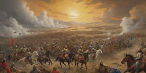 (oil paint), the Mongol horde of Genghis Khan  in 1200s, oil on canvas, a vivid depiction of a chaotic battlefield , with mounted horsemen in traditional attire, adorned with golden accoutrements, clashing swords and aiming bows, set against a warm, golden sky with billowing smoke and clouds, the palette dominated by rich earth tones, with pops of crimson and ultramarine, intricate details of ornate saddles and armor, evoking a sense of turbulent grandeur, as if the viewer is transported to the heart of 1200s middle east , insane details, best illumination, (brilliant composition), 12K, digital art, digital painting, 
