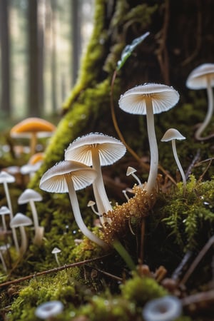 Delve into the enchanting microcosm of "Plants and Fungi" as you explore the delicate beauty of Mycena fungi, . This macro shot reveals the intricate details of the tiny fungi, showcasing their fragile stems and delicate caps with crystal-clear precision. In the foreground, soft flowers add an extra layer of natural charm, their petals framing the fungi like nature's own artwork. Set against a backdrop of the forest floor, the fungi and flowers stand out in sharp focus, while the surrounding environment melts away into the most exquisite bokeh. Small, twinkling bokeh lights in the background, like tiny orbs of magic, create a dreamlike atmosphere that highlights the ethereal beauty of the scene. (geautiful dew on top of fungi),This mesmerizing image, shot with a Canon EOS R5 paired with a Canon RF 100mm f/2.8L Macro IS USM lens, captures every fine detail and subtle texture with stunning clarity. Immerse yourself in the hidden wonders of the natural world, where the interplay of light and shadow, combined with the finest bokeh and the charm of foreground flowers, elevates the humble Mycena fungi to a work of art., (dark shot), (deep darks), (deep shadows), (muted highlights), (vibrant colors), (dramatic shadows), insane details, (high quality), (ultra detail), (high resolution), (masterpiece), (complex and beautiful), (exquisitely beautiful), , cinematic, (gorgeous), insane details,  8K, UHD, (brilliant composition), 