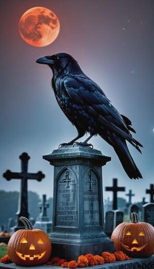 In a desolate, starless graveyard at midnight, a majestic black raven perches atop an intricately detailed gothic cross, its voluminous silhouette shrouded in mystery. The air is heavy with foreboding as the enormous bright-red moon rises behind the raven's form, perfectly framing it on the lunar surface like a dark, ethereal halo. Halloween pumpkins and decorations surround the scene, their vibrant colors starkly contrasted against the gothic cemetery backdrop. The black-ony-black color scheme accentuates the eerie atmosphere, while the raven's sleek feathers seem to absorb the faint moonlight, radiating an otherworldly presence.