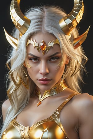 the face of a woman dressed in demon attire, in the style of light gray and light gold, vibrant illustrations, intricately sculpted, realistic hyper-detailed portraits, white and amber, queencore, depicts real life Wide range of colors., Dramatic,Dynamic,Cinematic,Sharp details Insane quality. Insane resolution. Insane details. Masterpiece. 32k resolution. insane details, (exquisitely beautiful), high definition, intricate design, brilliant composition, 