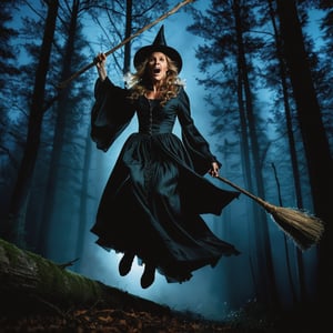 real life, a scary, very old and hideous witch flying on broomstick, (from below), (dynamic pose), (dynamic scene), in a creepy dark dense fantasy forest, (dark background), high contrast, black over black, (dark night), dark shot, (finely detailed expresive eyes and detailed face), (high quality), (ultra detail), (high resolution), (masterpiece), (complex and beautiful), (exquisitely beautiful), 12k, insane details, (brilliant composition) 