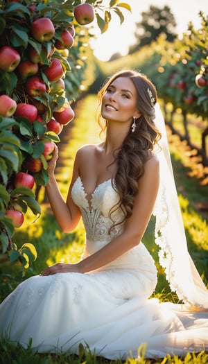 In this breathtakingly vivid scene, a stunning bride lounges on a crisp white blanket amidst a sea of vibrant red apples, her long hair cascading down her back like a waterfall of night. As golden hour's warm sunlight bathes the orchard, her hand rests on her chin, conveying carefree joy. Lush green trees heavy with ripe fruit tower above, their leaves glowing softly in harmony with the tender hue of her stunning wedding dress and veil. The atmosphere is idyllic, inviting the viewer to step into a serene summer's day where abundance and tranquility reign supreme.