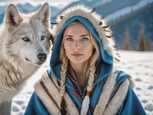 RAW photo, a beautiful cherokee blonde girl in traditional clothes with hood on, with traditional feathers holding a cute white wolf pup, very sharp, cinematic lights, (close up), macro, masterpiece, in snowy montains,  light snow, deep of field, amazing natural lighting, intricate design, 32k, ultra hd, realistic, highly detailed,  best quality, cinematic lighting, photorealistic, hyperrealistic, high definition, extremely detailed, insane details (finely detailed beautiful blue eyes and detailed face), (brilliant composition), (muted highlights),more detail XL