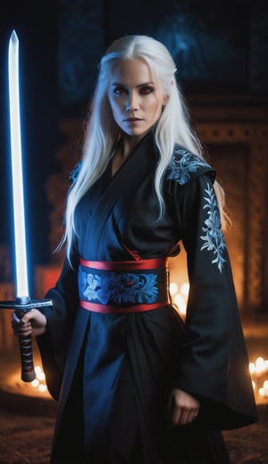 A cinematic masterpiece: Midnight Reckoning. Framed from above, a woman in black attire dominates the ultra-realistic image. Her piercing red-eyes and long white hair partially conceal her intense gaze. The subject wields a glowing blue katana, illuminated by candlelight-like softboxes, Subtle highlights on her gown's embroidery come from LED light strips. In the blurred background, sparks and embers dance in the dimly lit clearing, set against a deep, saturated color palette. The 35mm lens with F/1.2 apperture captures every detail with depth of field, while film grain noise and subtle scratch effects add realism to this ultrarealistic shot.