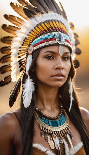 1girl, solo, long hair, black hair, hair ornament, brown eyes, jewelry, upper body, dark skin, necklace, blurry, dark-skinned female, lips, blurry background, headband, feathers, realistic, headdress, feather hair ornament, tribal, native american, colorfull war helmet, golden ratio, soft light, golden hour, insane details, brilliant composition, insane details, 12k