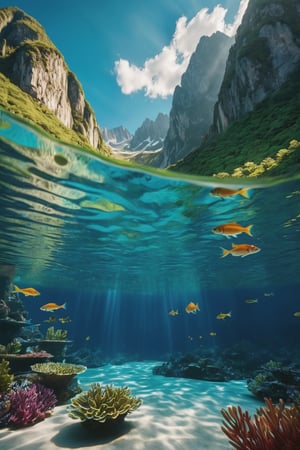 In a stunning masterpiece, breathtaking beauty unfolds. Half above water and half below, the scene is divided by crystal-clear waters that seem to glow with an otherworldly light. The lush greenery and mountains provide a picturesque backdrop as bright sunlight casts a warm glow on the serene aquatic world. Volumetric cinematic lights dance across the surface, creating high contrast and vibrant colors that leap off the screen. Insane details of fish swimming in the clear underwater reveal a depth that's almost palpable. The beautiful sky above is filled with puffy clouds, adding to the sense of serenity. Every aspect of this 12k hyperrealistic marvel is a masterclass in composition, lighting, and sheer visual magnificence.