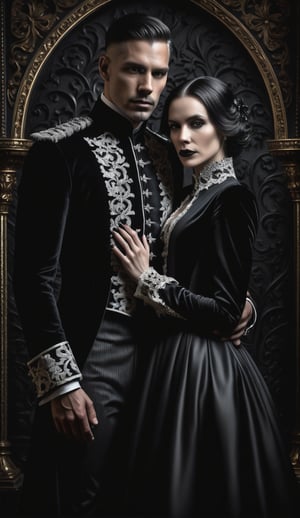 A hauntingly beautiful Gothic-inspired portrait of a gorgeous couple amidst a dark, ornate backdrop, shrouded in mystery and regret. The striking pair, dressed in somber velvet attire, stands out against the stark, black-on-black background, their faces etched with deep emotions. Dramatic shadows dance across their features, as if consumed by the darkness that surrounds them. In this 12K resolution masterpiece, every detail is rendered in exquisite detail, a testament to the power of black and white photography.