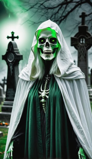 digital art, upper body, in a dimly lit, a monstrous skeletal woman with green glowing eyes and white whispy hair billowing in the wind wearing ragged white cloak screeching in a cemetery , green theme, horror (theme), best dramatic shadows, insane details, dark shot, 12k.