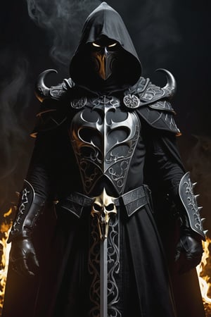 chiaroscuro, dark, a lone reaper of night, black serpents create a cloak of darkness, detailed intricate black gothic armor adorns his body, a hood obscures his face and eyes in black, deep shadows accompany him like phantoms, glowing runes, horns, low-key, nuclearhazard