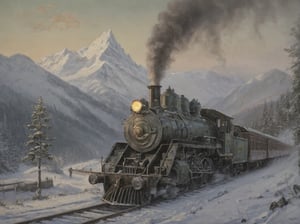 A majestic oil on canvas masterpiece depicting an early 19th century steam locomotive chugging along the snowy mountainside at dusk. Muted colors of muted greens and grays dominate the scene as the locomotive's smoke billows into the atmosphere, shrouding the majestic peaks in a mystical haze. Snow-covered trees and buildings dot the landscape, while the locomotive's wheels leave a trail of motion blur on the frozen terrain. Brilliant illumination casts long shadows, accentuating the train's dramatic pose amidst the volumetric snowy mountainscape. Hyper-realistic details abound, transporting the viewer to a bygone era of steam-powered adventure.