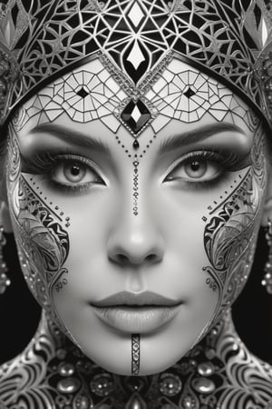 (Black and white), intricate details, close-up of a woman's face with an intricate design, fantasy artwork, detailed patterned skin, abstract fragments, impressive eyes, mixed media, 3D rendering Silver painting, symmetrical beauty, ambient occlusion rendering, psytrance), Detailed Textures, high quality, high resolution, high Accuracy, realism, color correction, Proper lighting settings, harmonious composition, Behance works, goth girl (masterpiece), (best quality), newest ai-generated, ultra-detailed, best shadow,  high contrast, (best illumination, an extremely delicate and beautiful), (cinematic light), hyper detail, dramatic light, intricate details, 8k, very aesthetic,