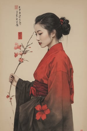 (ink drawing), (black ink on parchment) dark moody minimal portrait of a chinese model emerging from the shadows, wearing traditional clothes, upper body, (red-monochrome), blossomed cherry flowers, muted colors