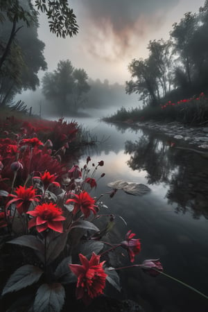 RAW photo, masterpiece, Dying red flowers, dead flowers, ultra realistic, hyper detailed, hdr, 4k, dark river, misty ambiance, mistycal, mist, haze, steam, fog, dark sky, dark shot, vibrant colors, high contrast, dramatic shadows, highly detailed, best quality, high quality, cinematic, (hyper realistic), photorealistic, 12k, insane details, (brilliant composition),