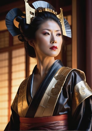 Medium shot of a Japanese samurai geisha looking up, her beautiful face illuminated by soft, fantasy studio lighting that creates perfect balance between highlights and shadows. Her upper body is clad in intricate leather armor, complemented by a flowing silk robe that drapes elegantly around her shoulders. The camera frames her from above, emphasizing the majestic architecture of her features. The 3D rendering boasts photorealistic details, with imperial colors radiating an aura of luxury and beauty.