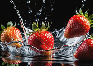 A culinary masterpiece! A stunning food commercial poster featuring an abundance of vibrant strawberries as the centerpiece. The camera captures a mesmerizing droplet of water suspended in mid-air, just about to splash, creating a sense of depth and blur. The blavk background , while the focus is sharply on the juicy strawberries The overall effect is a mouthwatering visual feast that screams best quality and demands attention.