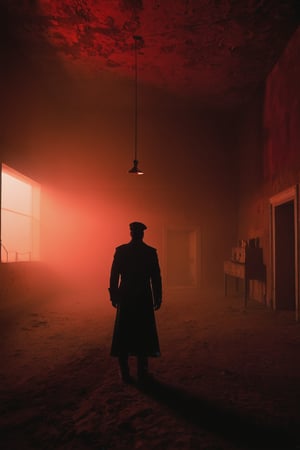 A grainy, eerie environment engulfs a completely darkened room, where a ghostly human's silhouette looms, shrouded in smog, haze, and dirt. The air is thick with devastation, as if time has stood still. A red-monochrome glow seeps from the shadows, casting an otherworldly light on the desolate scene. Volumetric darkness seems to swallow everything, punctuated by best shadows and illumination, creating a masterpiece of high-contrast composition.