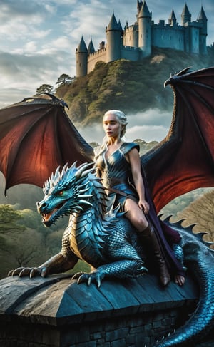 Daenerys Targaryen stands majestically on the back of her magnificent dragon, its scales glistening in the vibrant light. Her full-body pose exudes confidence as she gazes out upon a castle with a stone bridge spanning a misty forest. The dark background serves as a dramatic canvas for her ultra-detailed face, finely chiseled features illuminated by cinematic lights that dance across her skin. Insane details on the dragon's scales and Daenerys' clothing shimmer in 12K HDR, while perfect composition and best illumination create an exquisitely beautiful masterpiece.