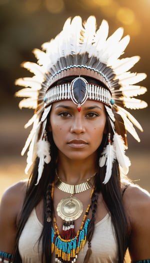 1girl, solo, long hair, black hair, hair ornament, brown eyes, jewelry, upper body, dark skin, necklace, blurry, dark-skinned female, lips, blurry background, headband, feathers, realistic, headdress, feather hair ornament, tribal, native american, colorfull war helmet, golden ratio, soft light, golden hour, insane details, brilliant composition, insane details, 12k