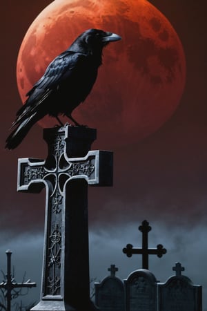 Here's a high-quality prompt for your grayscale image:

Create a stunning, volumetric close-up of the silhouette of a majestic black raven perched atop an intricately detailed gothic cross in a desolate, starless graveyard at midnight. Against the dark, gothic cemetery backdrop, the enormous bright-red moon rises majestically behind the raven's silhouetted form, perfectly framing its center on the lunar surface. The scene exudes a sense of foreboding and unease, with the black-on-black color scheme accentuating the eerie atmosphere. Render with insane attention to detail, capturing every delicate texture and nuance in the gothic architecture and the raven's sleek feathers.