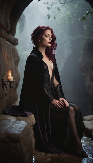 A young woman exudes enigmatic gothic charm in a low-key setting, bathed in moody light. Her plum-hued hair cascades in loose waves around her shoulders as she sits cross-legged on a crumbling stone, gazing downward with contemplative intensity. Wine-painted lips match the deep shadows cast by the cavernous backdrop. Shot from a low angle, her slender profile is highlighted against soft candlelight, while misty fog swirls at her feet, adding depth and mystery. A flowing black velvet cloak, partially hooded, casts half of her face in shadow, creating a hauntingly serene atmosphere with timeless gothic elegance.