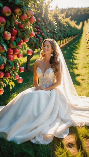 In this breathtakingly vivid scene, a stunning bride lounges on a crisp white blanket amidst a sea of vibrant red apples, her long hair cascading down her back like a waterfall of night. As golden hour's warm sunlight bathes the orchard, her hand rests on her chin, conveying carefree joy. Lush green trees heavy with ripe fruit tower above, their leaves glowing softly in harmony with the tender hue of her stunning wedding dress and veil. The atmosphere is idyllic, inviting the viewer to step into a serene summer's day where abundance and tranquility reign supreme.