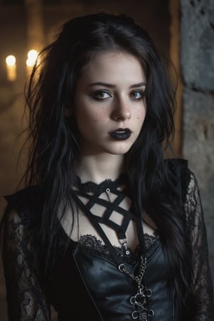 (upper body), gorgeous 18 years old brunette girl, looking away, (flat chested), sexy, (long dark messy hair), goth girl, (dark gothic makeup with dark lipstick), (piercings), gothic style, (freckles on face and nose), (gothic lace clothes), gothic accesories, cinematic ultra realistic, dynamic pose, deep emotions, inside of a dark ruin, (dark gothic messy background),  dark shoot, deep of field, (finely detailed expresive eyes and detailed face), (high quality), (masterpiece), (hyperrealism), (exquisitely beautiful), insane details, 12K, brilliany composition, (best illumination), (best shadows), 