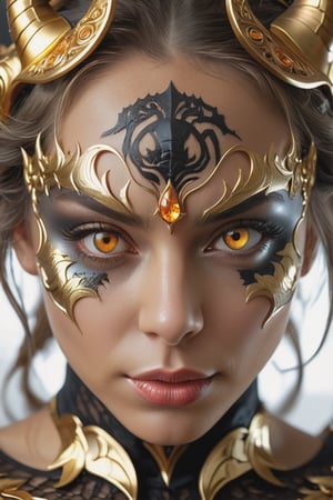 (close up), (macro), the face of a woman dressed in demon attire, in the style of light gray and light gold, vibrant illustrations, intricately sculpted, realistic hyper-detailed portraits, white and amber, queencore, depicts real life Wide range of colors., Dramatic,Dynamic,Cinematic,Sharp details Insane quality. Insane resolution. Insane details. Masterpiece. 32k resolution. insane details, (exquisitely beautiful), high definition, intricate design, brilliant composition, (insane detailed glowing bright amber eyes and detailed face)