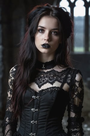 (upper body), gorgeous 18 years old brunette girl, looking away, (flat chested), sexy, (long dark messy hair), goth girl, (dark gothic makeup with dark lipstick), (piercings), gothic style, (freckles), (gothic lace clothes), gothic accesories, cinematic ultra realistic, dynamic pose, deep emotions, inside of a dark ruin, (dark gothic messy background),  dark shoot, deep of field, (finely detailed expresive eyes and detailed face), (high quality), (masterpiece), (hyperrealism), (exquisitely beautiful), insane details, 12K, brilliany composition, (best illumination), (best shadows), 