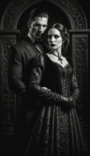 Grayscale, monochrome, a hauntingly beautiful Gothic-inspired portrait of a gorgeous couple amidst a dark, ornate backdrop, shrouded in mystery and regret. The striking pair, dressed in somber velvet attire, stands out against the stark, black-on-black background, their faces etched with deep emotions. Dramatic shadows dance across their features, as if consumed by the darkness that surrounds them. In this 12K resolution masterpiece, every detail is rendered in exquisite detail, a testament to the power of black and white photography.