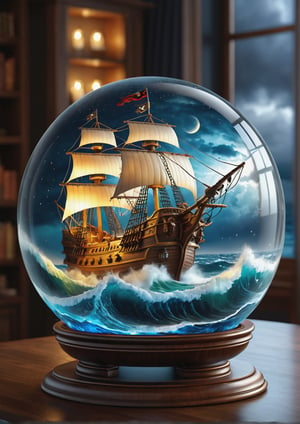 A glass sphere sculpture, concealed inside the sphere is a large Pirate Ship in a Lightning storm, large waves, in the dark, detailed image, 8k high quality detailed, the moon, shaped sphere, digital painting highly detailed, 12k,  insane detailed oil painting, focus on full glass sphere, bokeh, background Modifiers: extremely detailed Award winning photography, fantasy studio lighting, (best illumination), (best shadows), photorealistic very attractive beautiful imperial vibrant colours ultra detailed 3D, (Very Intricate), (brilliant composition)