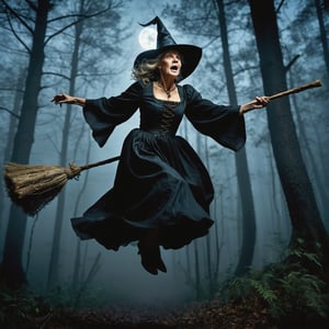 real life, a scary, very old and hideous witch flying on broomstick, (from below), (dynamic pose), (dynamic scene), in a creepy dark dense fantasy forest, (dark background), high contrast, black over black, (dark night), dark shot, (finely detailed expresive eyes and detailed face), (high quality), (ultra detail), (high resolution), (masterpiece), (complex and beautiful), (exquisitely beautiful), 12k, insane details, (brilliant composition) 