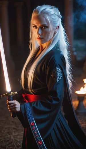 A cinematic masterpiece: Midnight Reckoning. Framed from above, a woman in black attire dominates the ultra-realistic image. Her piercing red-eyes and long white hair partially conceal her intense gaze. The subject wields a glowing blue katana, illuminated by candlelight-like softboxes, Subtle highlights on her gown's embroidery come from LED light strips. In the blurred background, sparks and embers dance in the dimly lit clearing, set against a deep, saturated color palette. The 35mm lens with F/1.2 apperture captures every detail with depth of field, while film grain noise and subtle scratch effects add realism to this ultrarealistic shot.