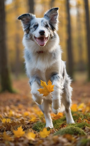 Against a backdrop of mystique, a blue-merle border collie defies gravity, its unbridled joy radiating as it soars through the autumn forest's radiant canopy. The frame is awash with golden hues, redish leafs, and amber tones, as if reality itself has been infused with an otherworldly essence. Depth of field blurs the sun-kissed forest floor, while the puppy's mid-air acrobatics draws focus to its dynamic pose. Shot from a low angle, looking up at the canine's exuberance, cinematic composition evokes wonder and magic under dusk's muted highlights. dark shadows and vigniette.