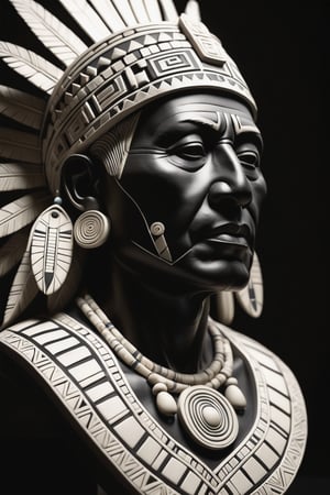 A somber, dark-framed obsidian sculpture of a (Aztec elder's upper body), rendered in exquisite detail on a rich obsidian sculpture. Bold black outlines define the subject's features, as he looks away with a defeated gaze, his eyes and face a masterpiece of intricate details. The bright backlighting accentuates the traditional patterns adorning his ivory clothes and accessories. In the extreme background, the composition converges to create an immersive, Indigenous-inspired scene, showcasing 12K-level detail and insane attention to minute particulars.