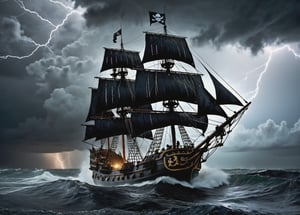 RAW photo, (close up), (hyperrealistic), (photorealistic), (dark night), dramatic cloudy sky, (thunderstorm), (a fantasy ghost pirate ship with black sails), in the middle of the storm at the ocean, (heavy rain), (huge foaming waves), the pirate flag flying on the mast, (night time), in the distance you can see an exotic island, dark shot, volumetric, dramatic scene, (dramatic shadows), insane details, (high quality), (ultra detail), (high resolution), (masterpiece), (complex and beautiful), (exquisitely beautiful), , cinematic, (gorgeous), insane details,  8K, UHD, (brilliant composition), 