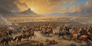 (oil paint), the Mongol horde of Genghis Khan  in 1200s, oil on canvas, a vivid depiction of a chaotic battlefield , with mounted horsemen in traditional attire, adorned with golden accoutrements, clashing swords and aiming bows, set against a warm, golden sky with billowing smoke and clouds, the palette dominated by rich earth tones, with pops of crimson and ultramarine, intricate details of ornate saddles and armor, evoking a sense of turbulent grandeur, as if the viewer is transported to the heart of 1200s middle east , insane details, best illumination, (brilliant composition), 12K, digital art, digital painting, 