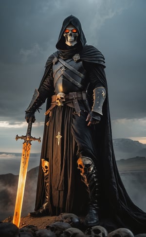 A dark, ominous shot frames a foreboding scene: a sinister figure cloaked in tattered black robes perches atop an enormous dark grey sword, its blade embedded in a pile of human skulls. Glowing orange eyes pierce through the shadows, as mist and shadow curl around the figure like a shroud. Black smoke drifts lazily, while skeletal hands adorned with ancient armor grasp the hilt of the sword, which emits a soft orange glow from runes etched along its center. The atmosphere is heavy with death and power, set against a murky grey sky that seems to mirror the darkness below.