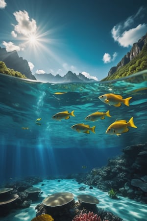 (ultra high resolution), (masterpiece), (beautiful lighting) , lush greenery and mountains, Bright sunlight illuminates the crystal-clear water, (deep underwater), hyperrealistic, half above water and half below water , (clear underwater), beautiful sky with clouds, fish , depth, insane details, best illumination, best shadows, brilliant composition, 12k, gorgeous, volumetric, cinematic lights, high contrast, vibrant colors