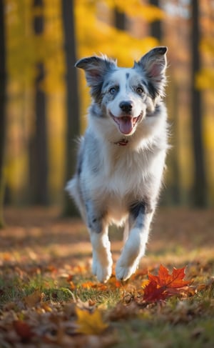 Against a backdrop of mystique, a blue-merle border collie defies gravity, its unbridled joy radiating as it soars through the autumn forest's radiant canopy. The frame is awash with golden hues, redish leafs, and amber tones, as if reality itself has been infused with an otherworldly essence. Depth of field blurs the sun-kissed forest floor, while the puppy's mid-air acrobatics draws focus to its dynamic pose. Shot from a low angle, looking up at the canine's exuberance, cinematic composition evokes wonder and magic under dusk's muted highlights. dark shadows and vigniette.