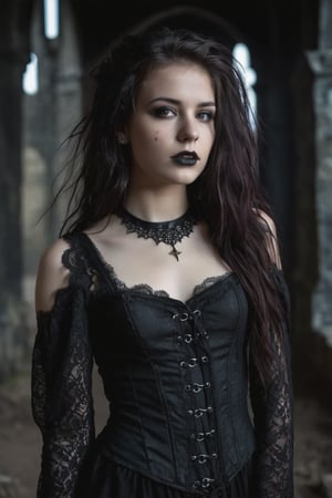 (upper body), gorgeous 18 years old brunette girl, looking away, (flat chested), sexy, (long dark messy hair), goth girl, (dark gothic makeup with dark lipstick), (piercings), gothic style, (freckles on face and nose), (gothic lace clothes), gothic accesories, cinematic ultra realistic, dynamic pose, deep emotions, inside of a dark ruin, (dark gothic messy background),  dark shoot, deep of field, (finely detailed expresive eyes and detailed face), (high quality), (masterpiece), (hyperrealism), (exquisitely beautiful), insane details, 12K, brilliany composition, (best illumination), (best shadows), 